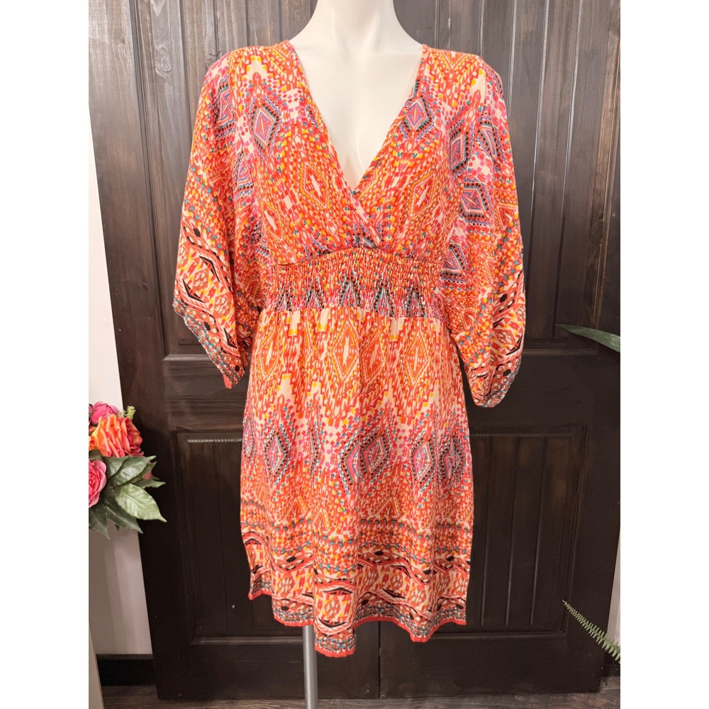 Lola P Womens Orange Pink Smocked Waist Kimono Sleeve Dress L NWT